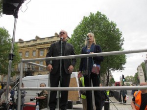 Father Ryan and Victoria Brittan at demo stop extraditions London 24 June